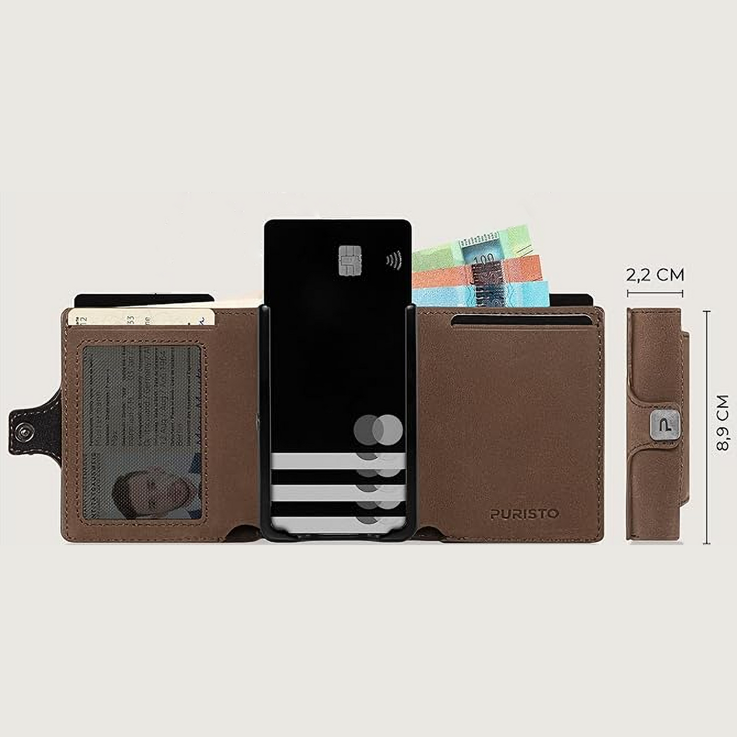 Portafoglio aperto con in vista banconote e carte di credito. Sfondo bianco, indicate le misure 8,9cm altezza e spessore di 2,2cm