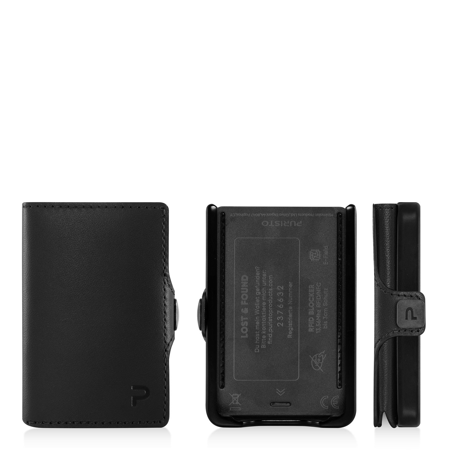 Stesso portafoglio color pelle nero visto da tre angolazioni, davanti, dietro e di lato. Sfondo chiaro