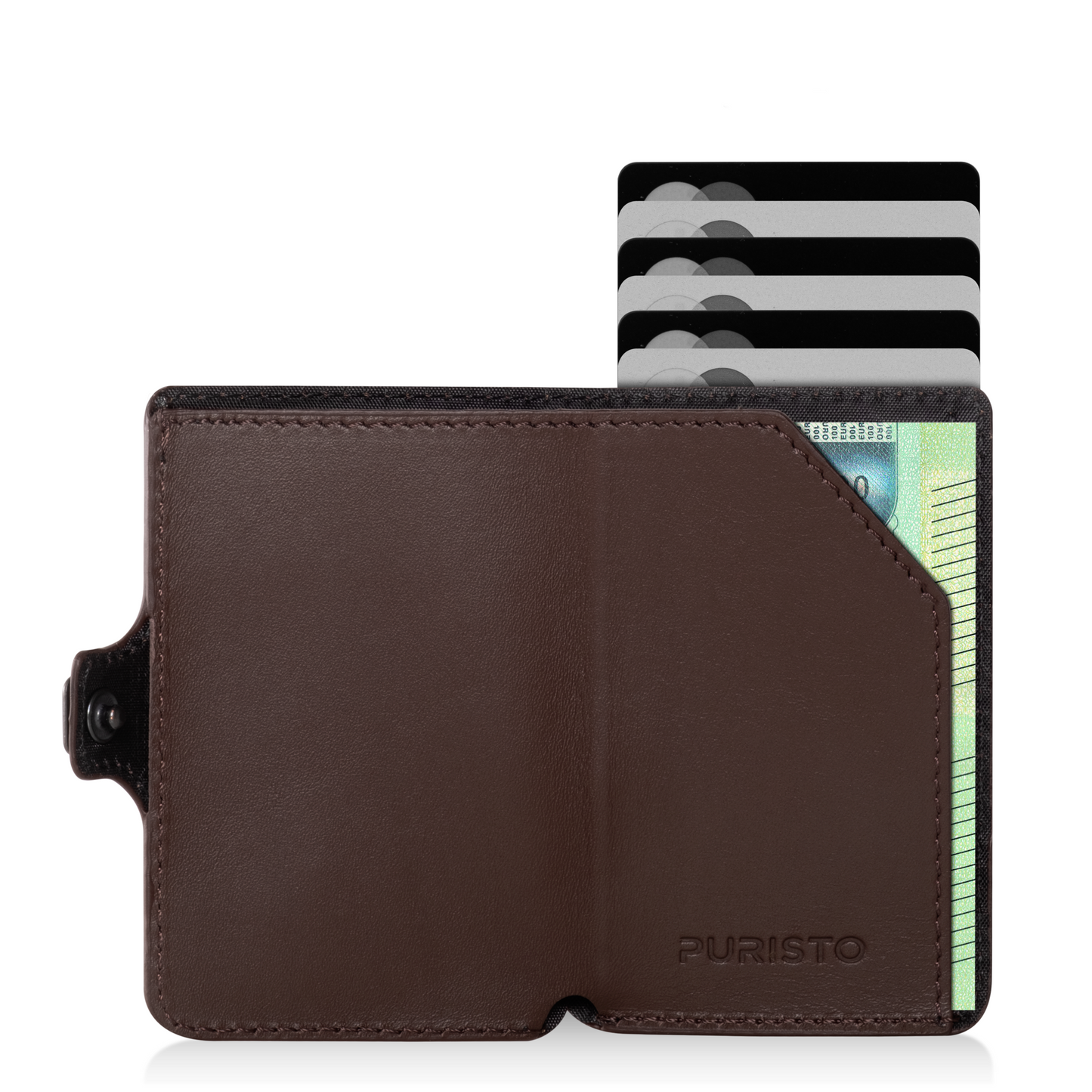 Portafoglio aperto con in vista alcune carte di credito e una banconota da 100 euro