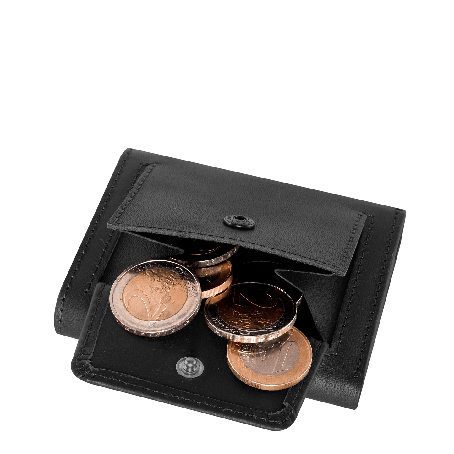 Portamonete nero
aperto con alcune monete che escono. Sfondo bianco