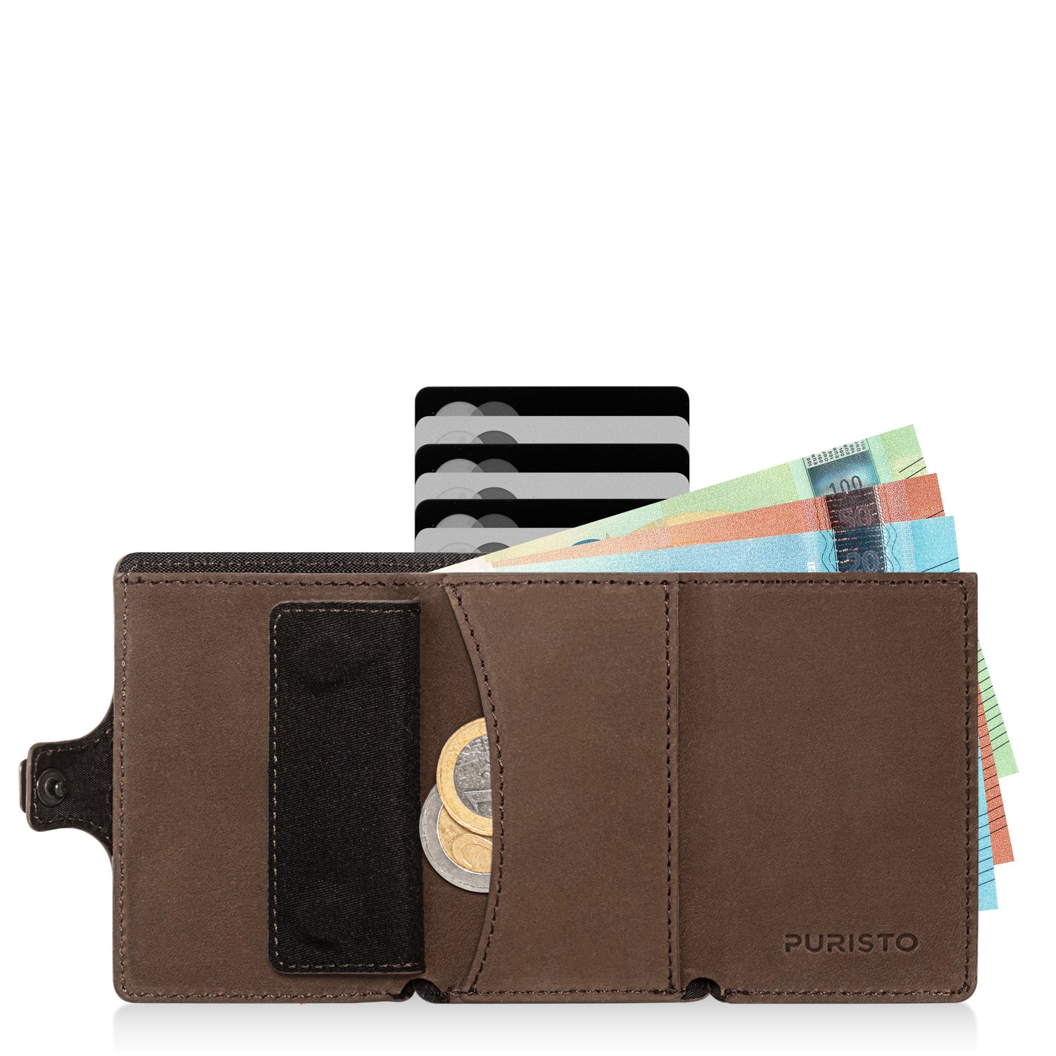 Portafoglio aperto con in vista banconote e carte di credito e 2 monete. Sfondo bianco