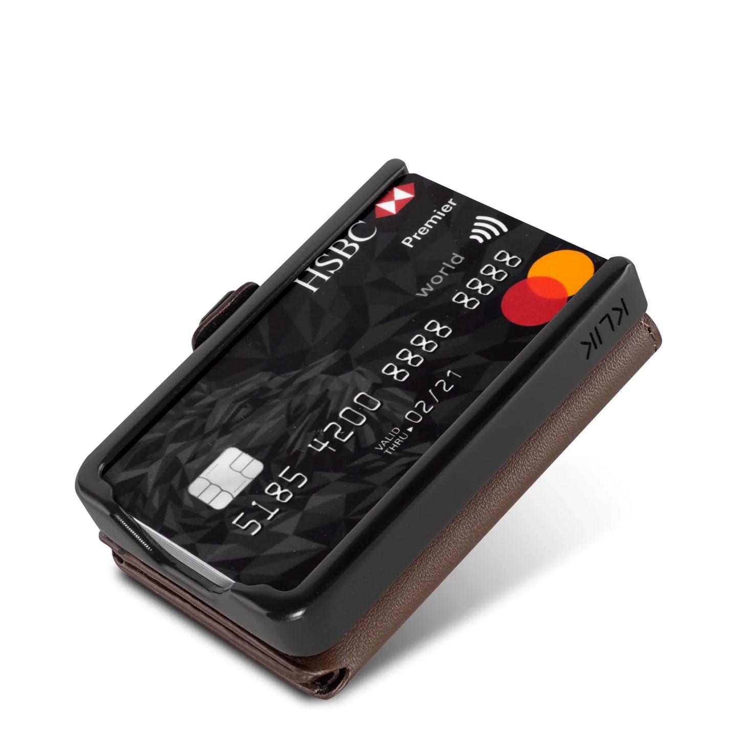 Miniwallet marrone con protezione RFID e carte di credito visibili, portafoglio compatto.