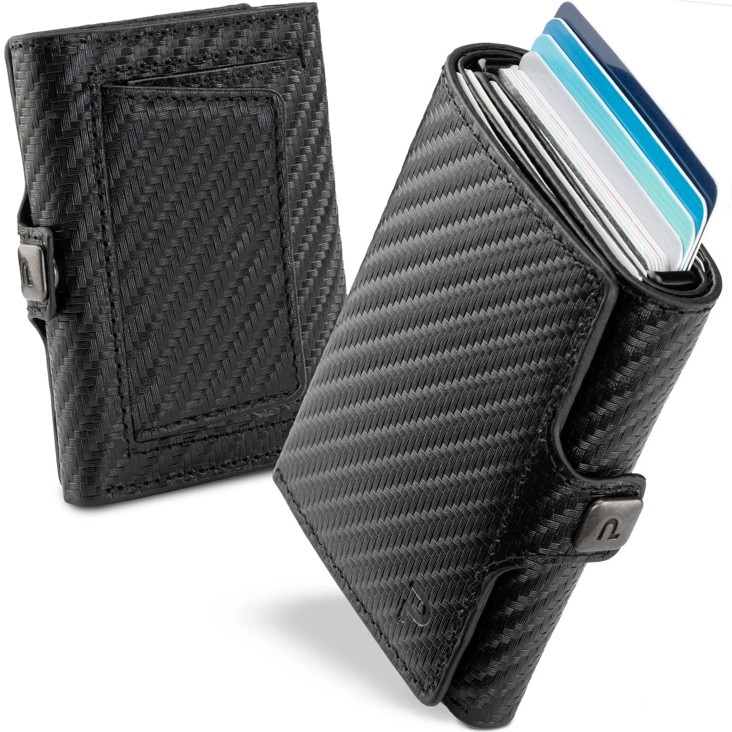 Miniwallet nero in fibra di carbonio, porta carte compatto con chiusura e design moderno