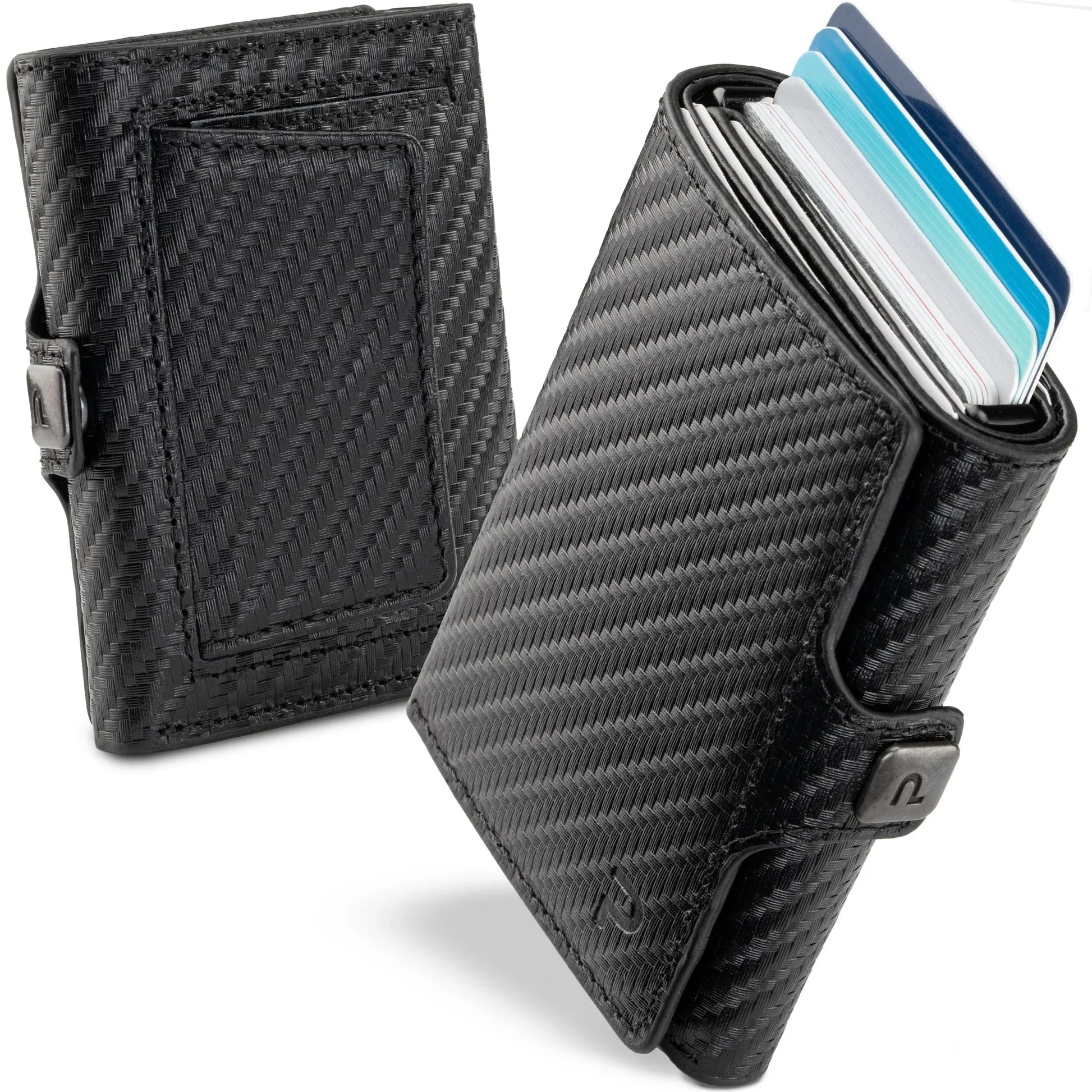 Miniwallet nero in fibra di carbonio, porta carte compatto con chiusura e design moderno