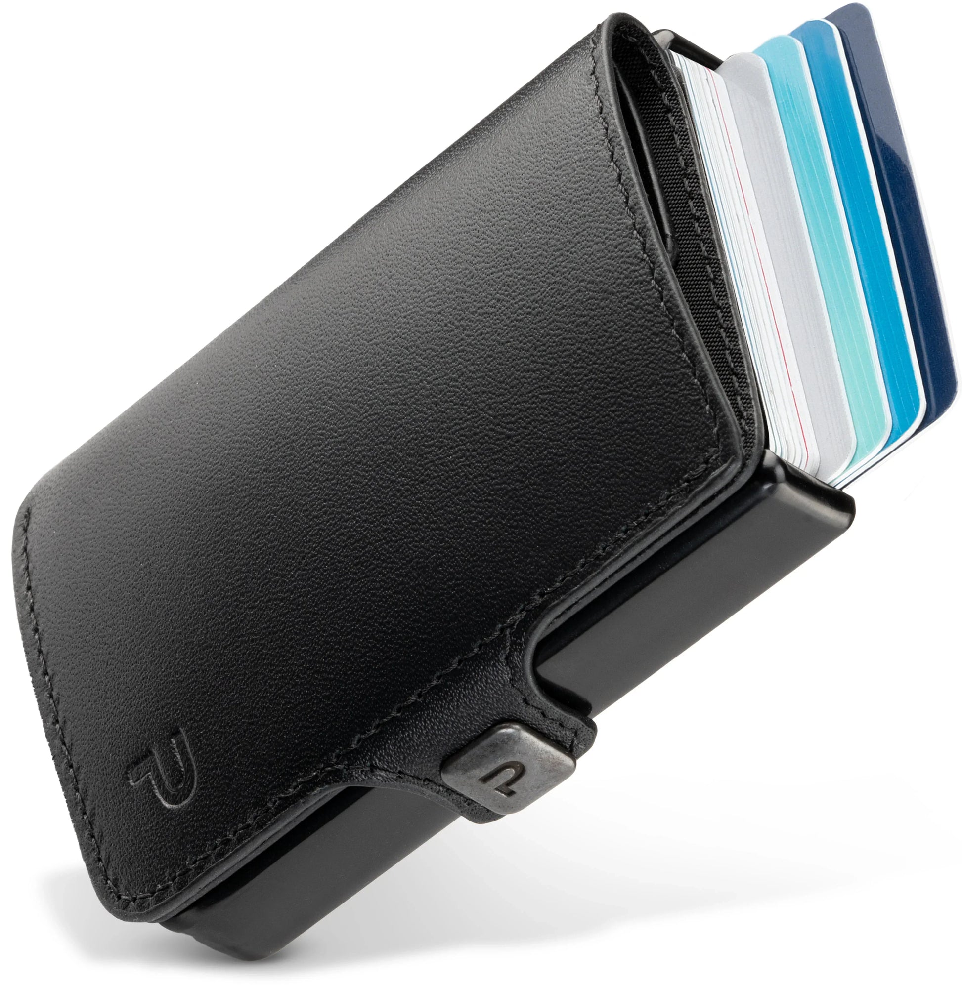 Miniwallet nero compatto con protezione RFID e carte visibili, portafoglio slim moderno.