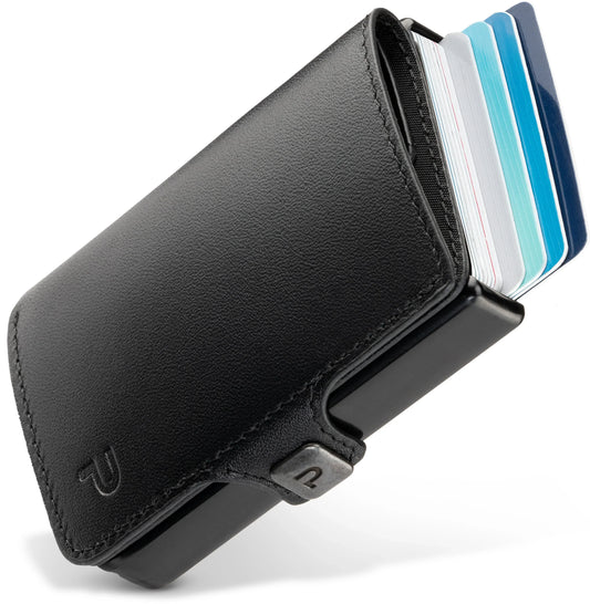 Miniwallet nero compatto con protezione RFID e carte visibili, portafoglio slim moderno.