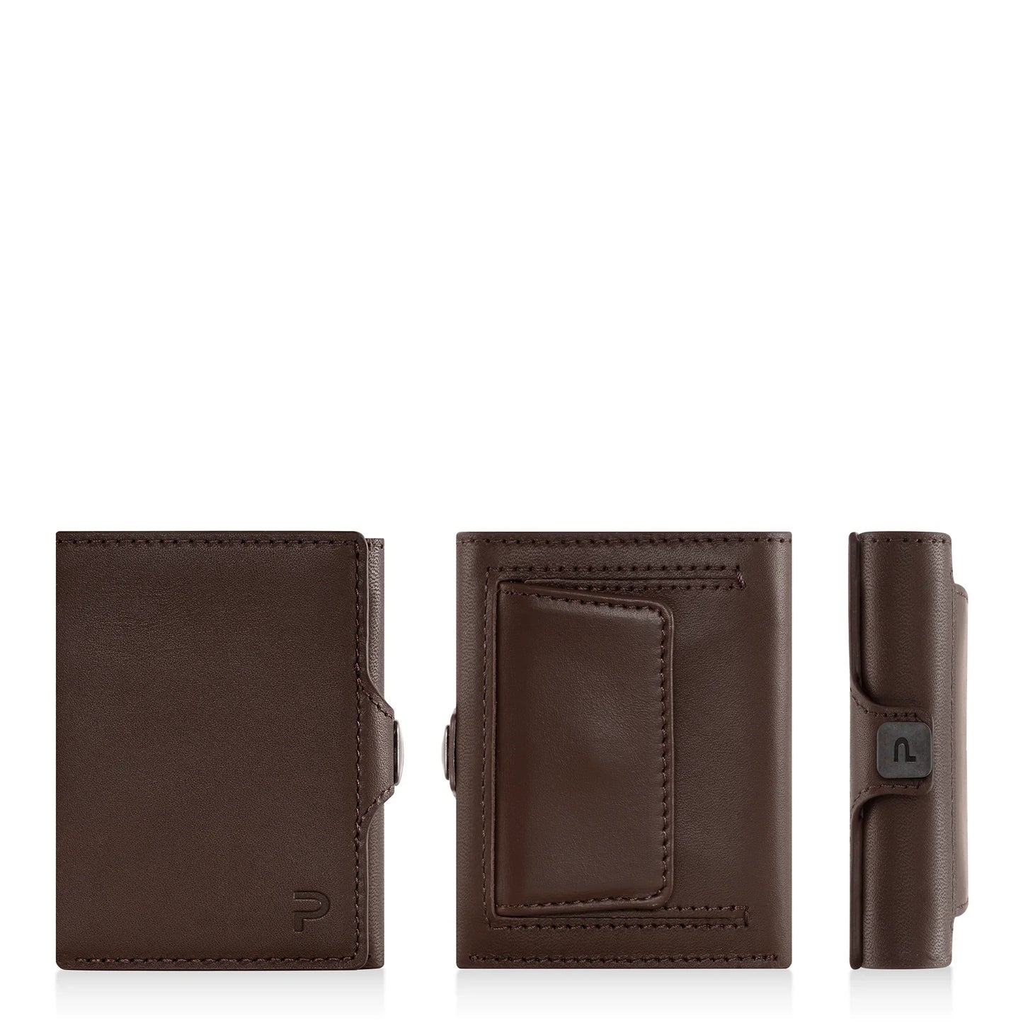 Miniwallet marrone in pelle, tripla vista, con portamonete e protezione RFID compatta