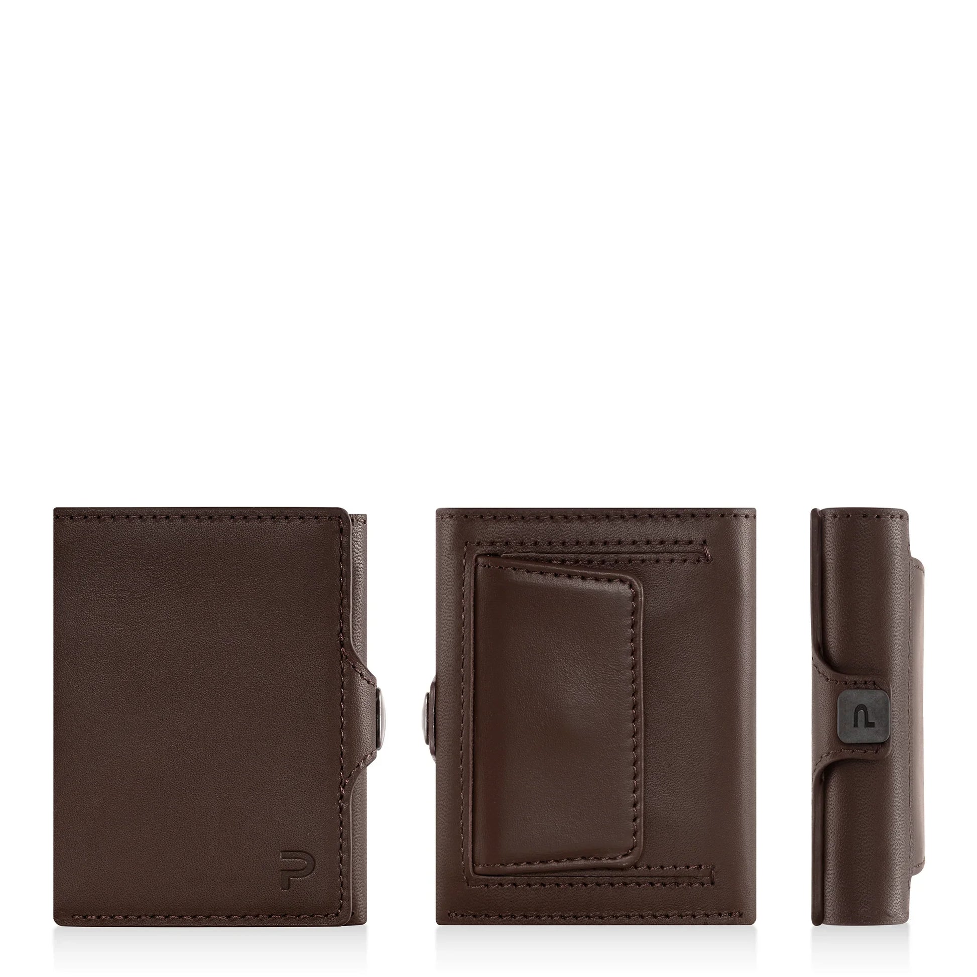 Miniwallet marrone in pelle, tripla vista, con portamonete e protezione RFID compatta