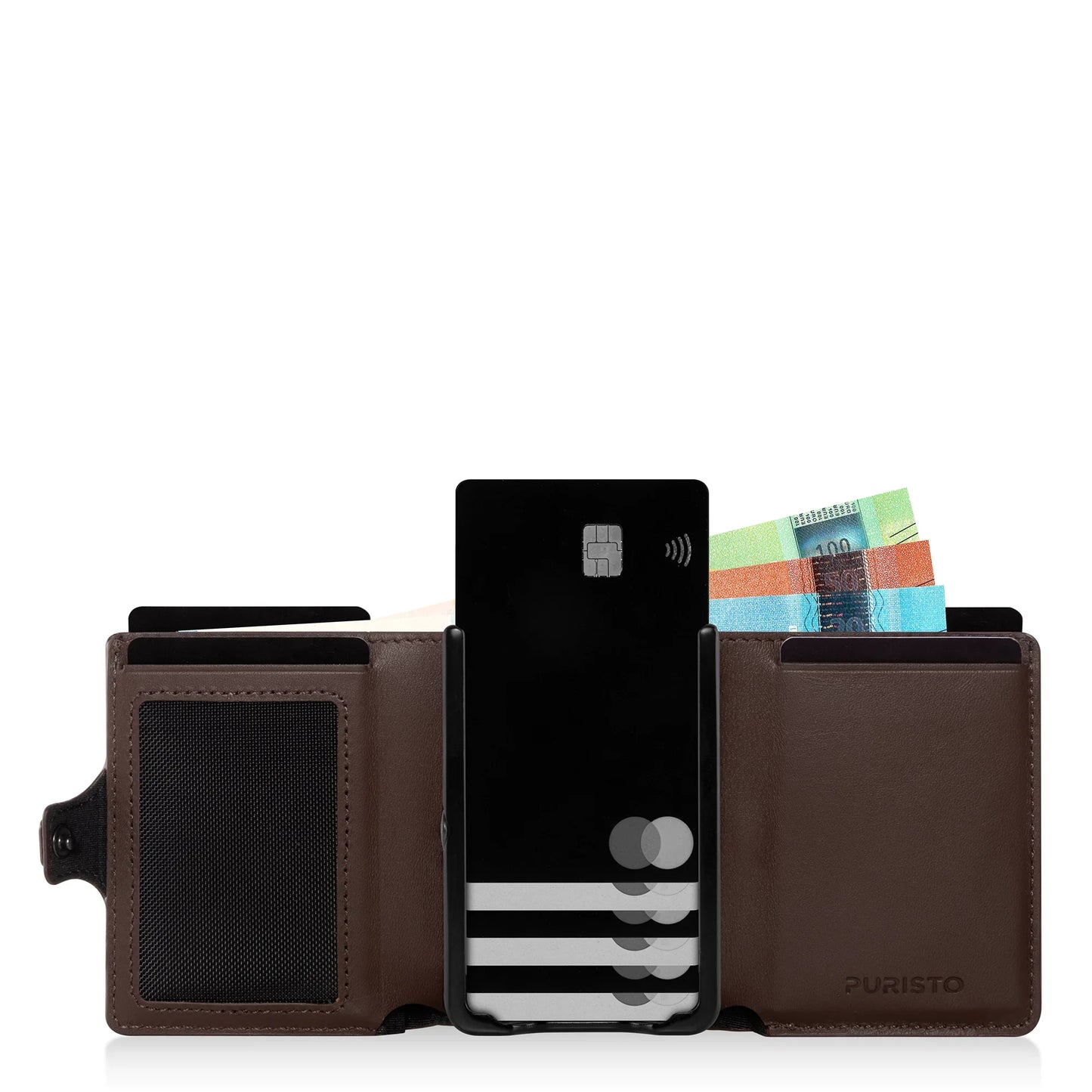 Miniwallet marrone aperto con carte di credito, banconote e portamonete visibili