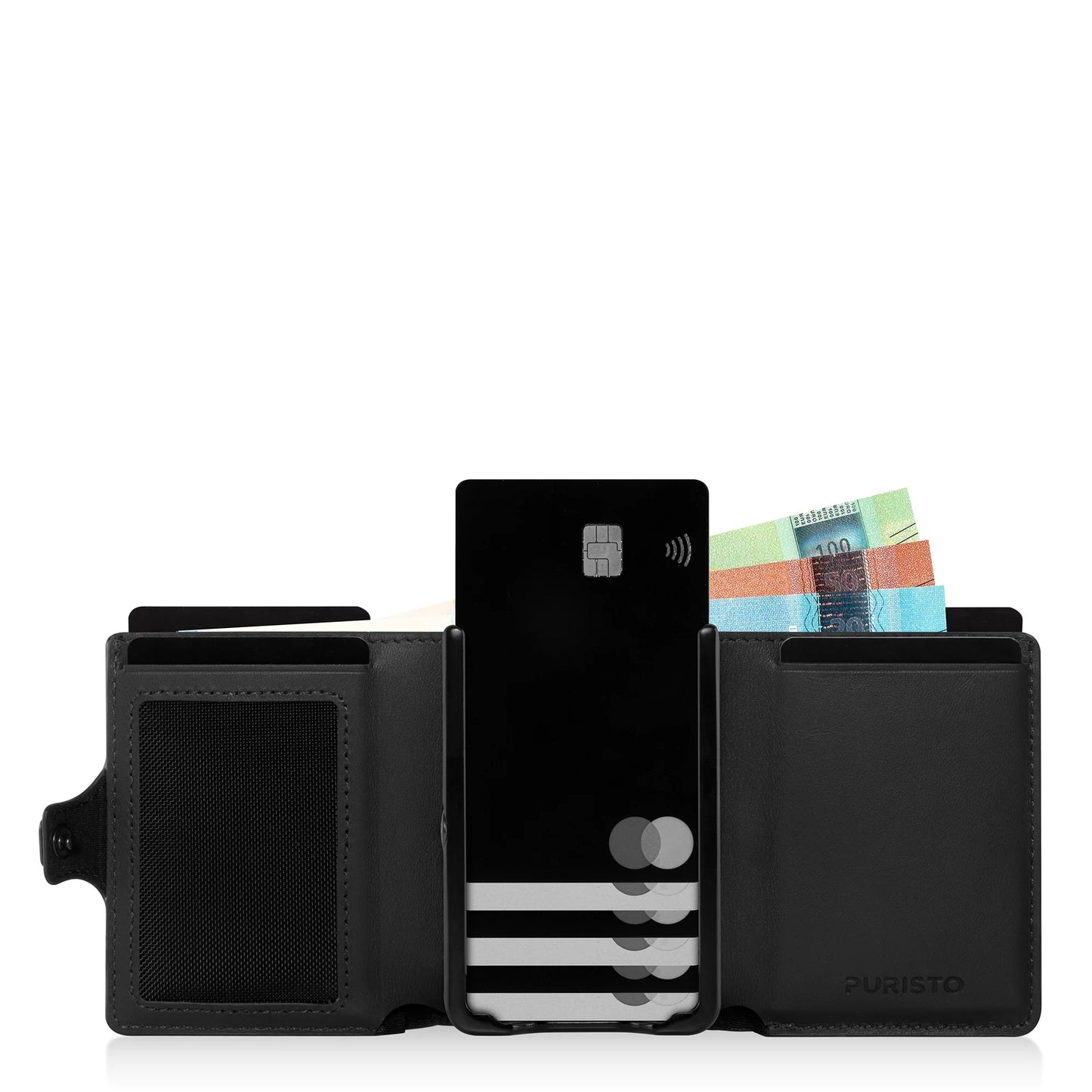 Miniwallet nero aperto con carte di credito e banconote, portamonete integrato e protezione RFID.