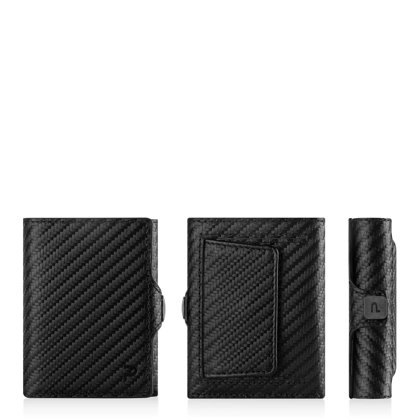 Miniwallet nero compatto in pelle effetto fibra di carbonio, visto da diverse angolazioni.