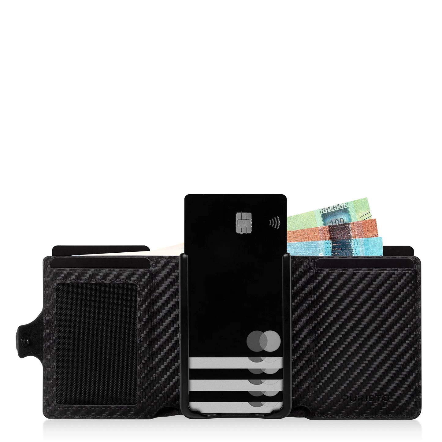 Miniwallet nero effetto carbonio aperto, con carte di credito e banconote visibili.