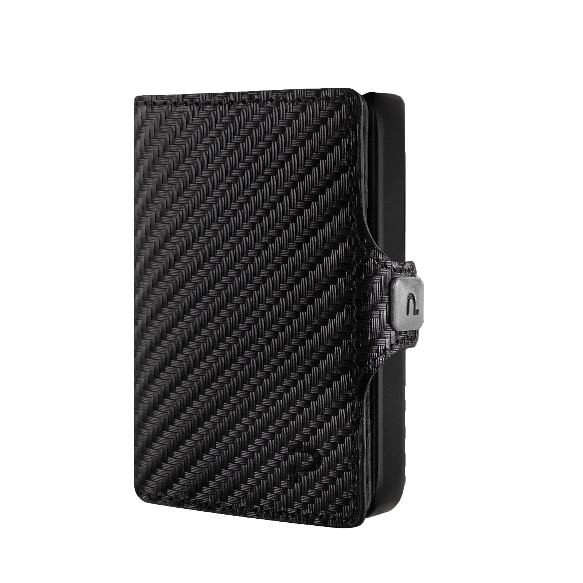 Portafoglio miniwallet visto da davanti in pelle carbon nero. Senza sfondo