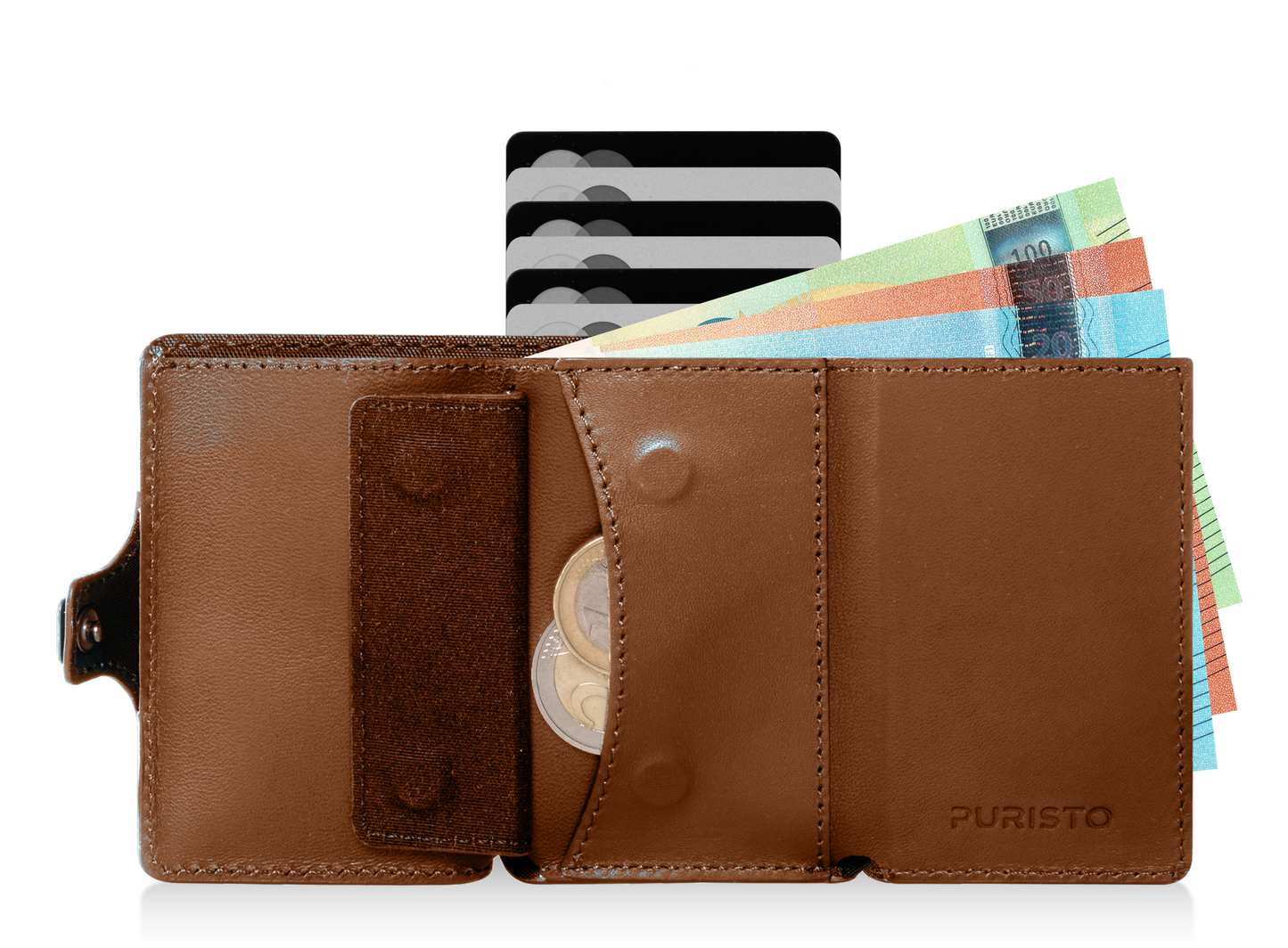 Portafoglio aperto con carte di credito in vista e banconote 