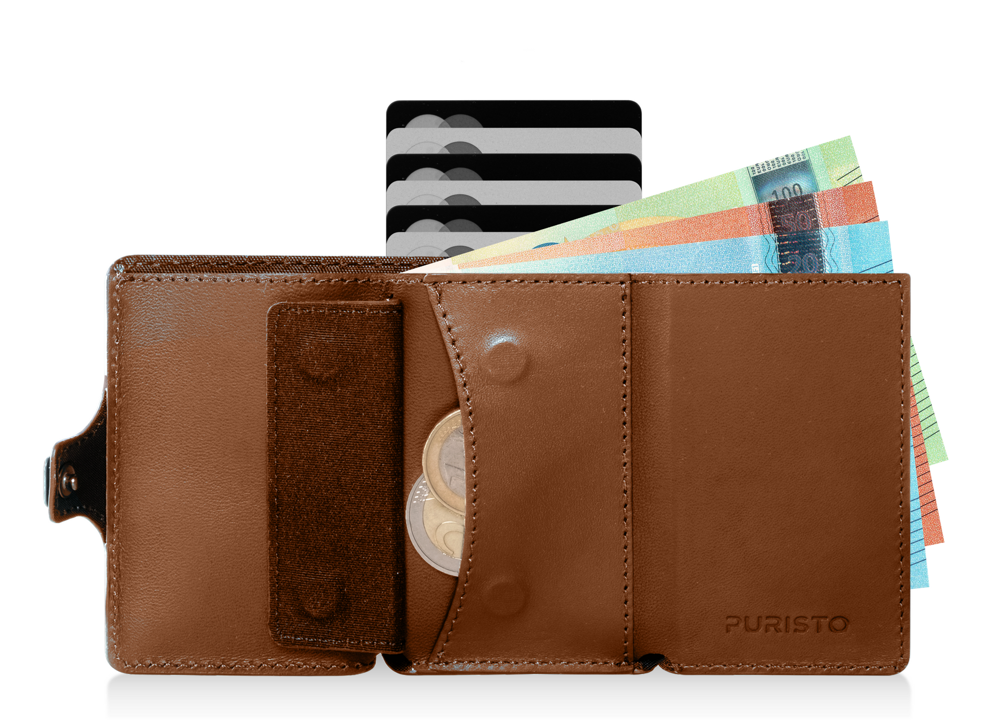Portafoglio aperto con carte di credito in vista e banconote 