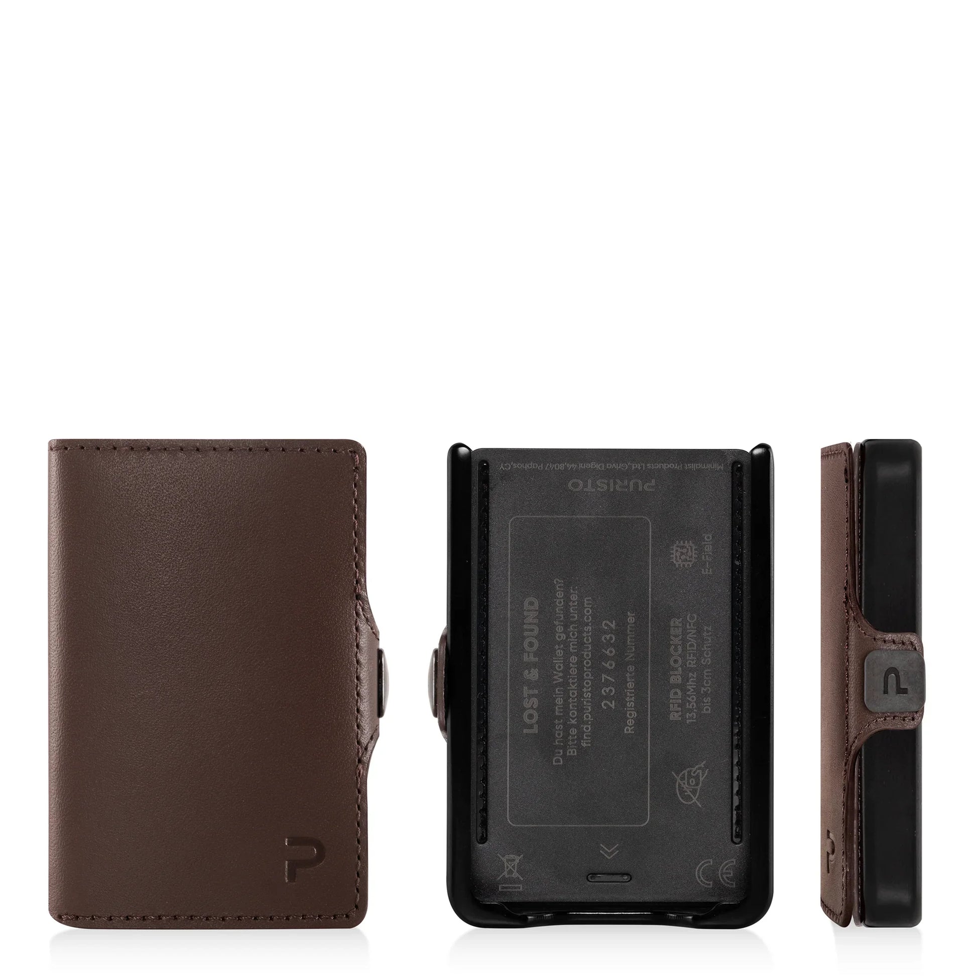Miniwallet marrone con protezione RFID, vista fronte, retro e laterale, compatto e moderno