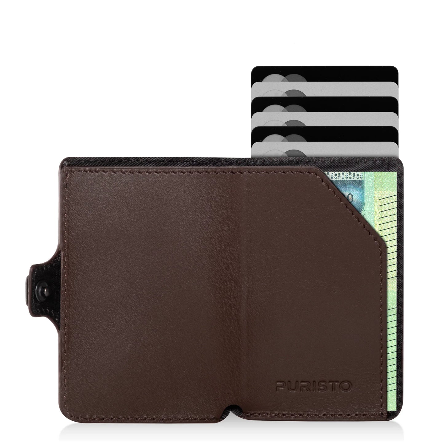 Miniwallet marrone con protezione RFID, carte di credito e banconote visibili
