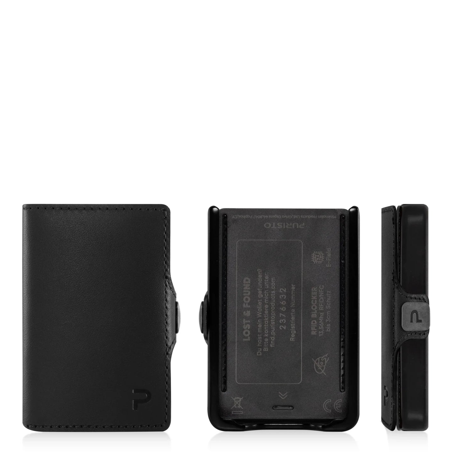 Miniwallet nero compatto in pelle con protezione RFID, portacarte e portamonete.
