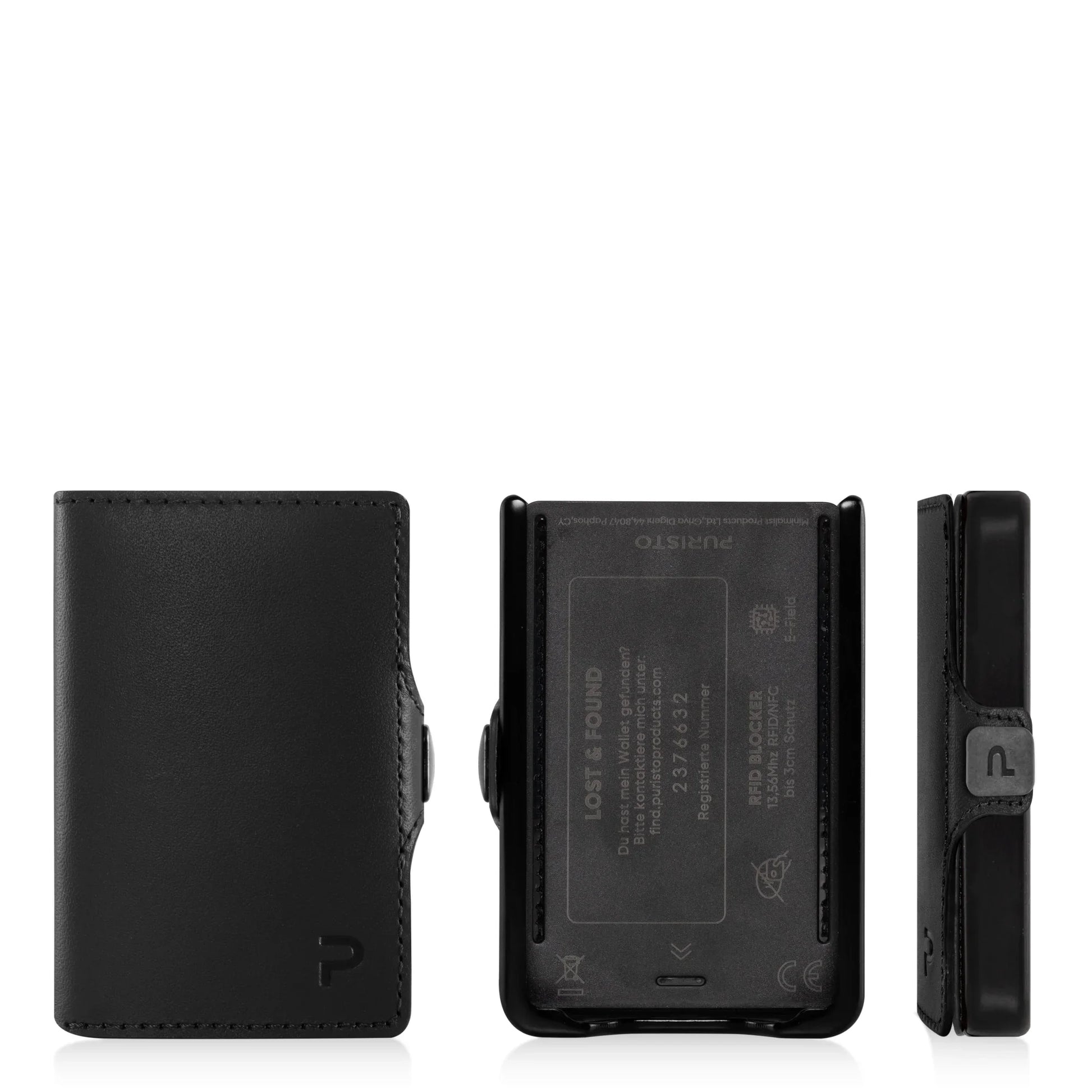 Miniwallet nero compatto in pelle con protezione RFID, portacarte e portamonete.