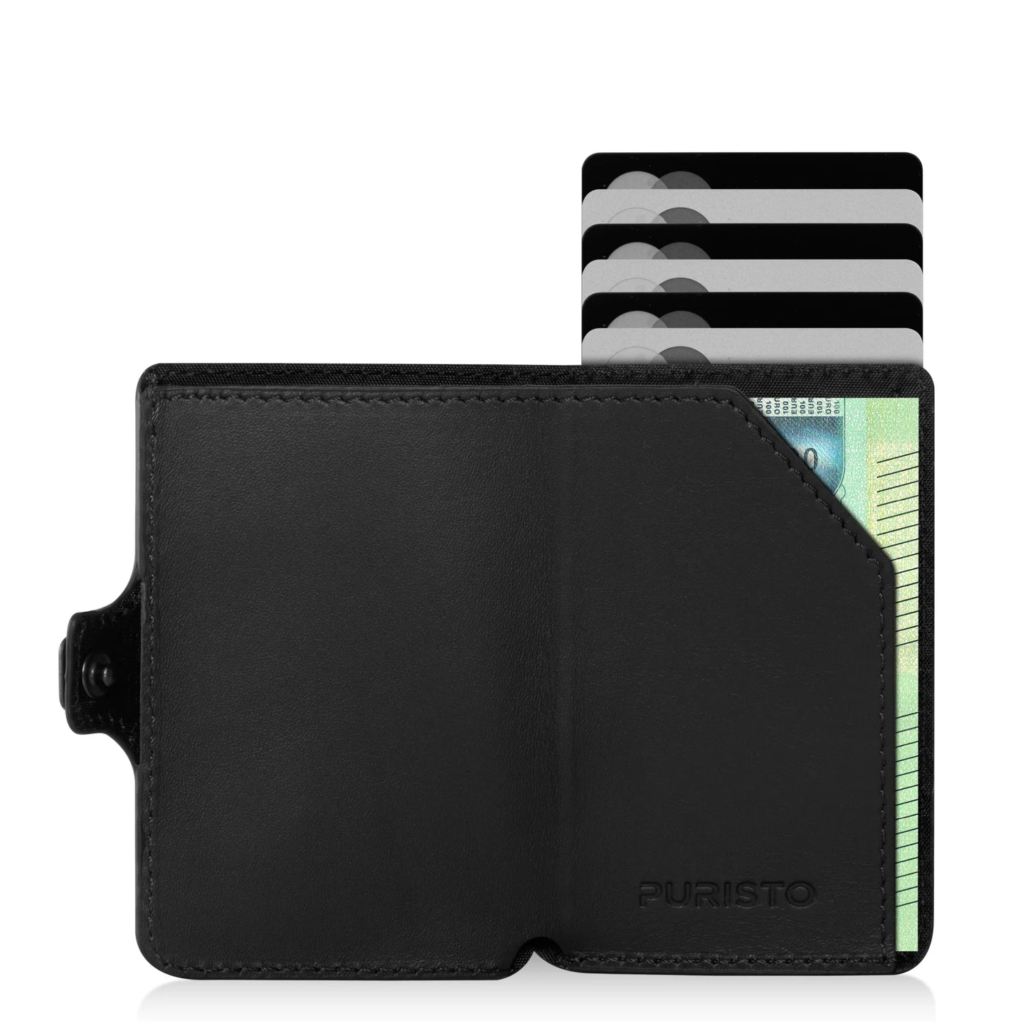Miniwallet nero aperto con carte di credito e banconote visibili, design compatto