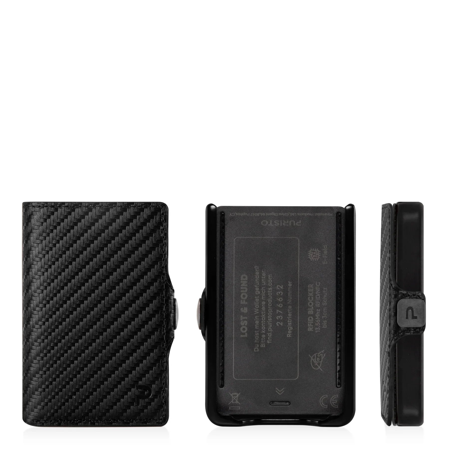 Miniwallet compatto nero effetto fibra di carbonio con protezione RFID, vista frontale e laterale.
